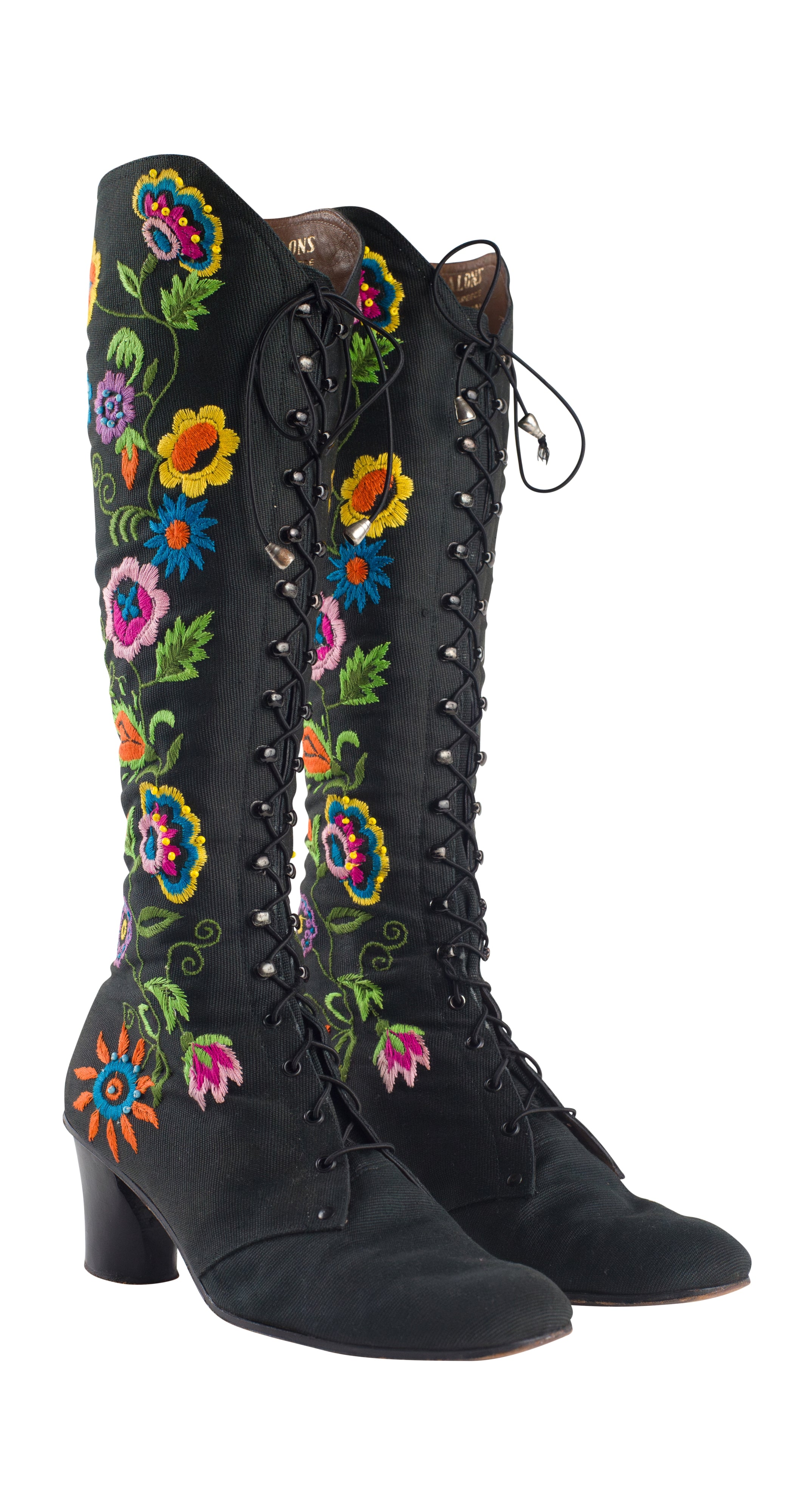 1970s Floral Embroidered Black Canvas Lace-Up Boots