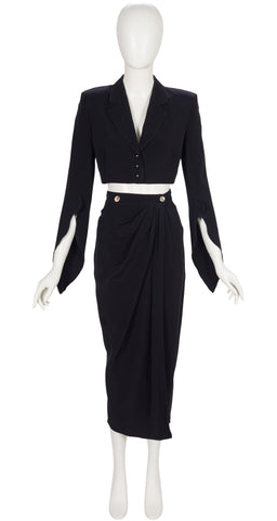 1990s Black Faille Cropped Jacket & Draped Skirt Set