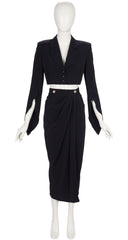1990s Black Faille Cropped Jacket & Draped Skirt Set