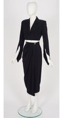 1990s Black Faille Cropped Jacket & Draped Skirt Set