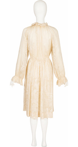 1970s Leaf Print Cream Balloon Sleeve Dress