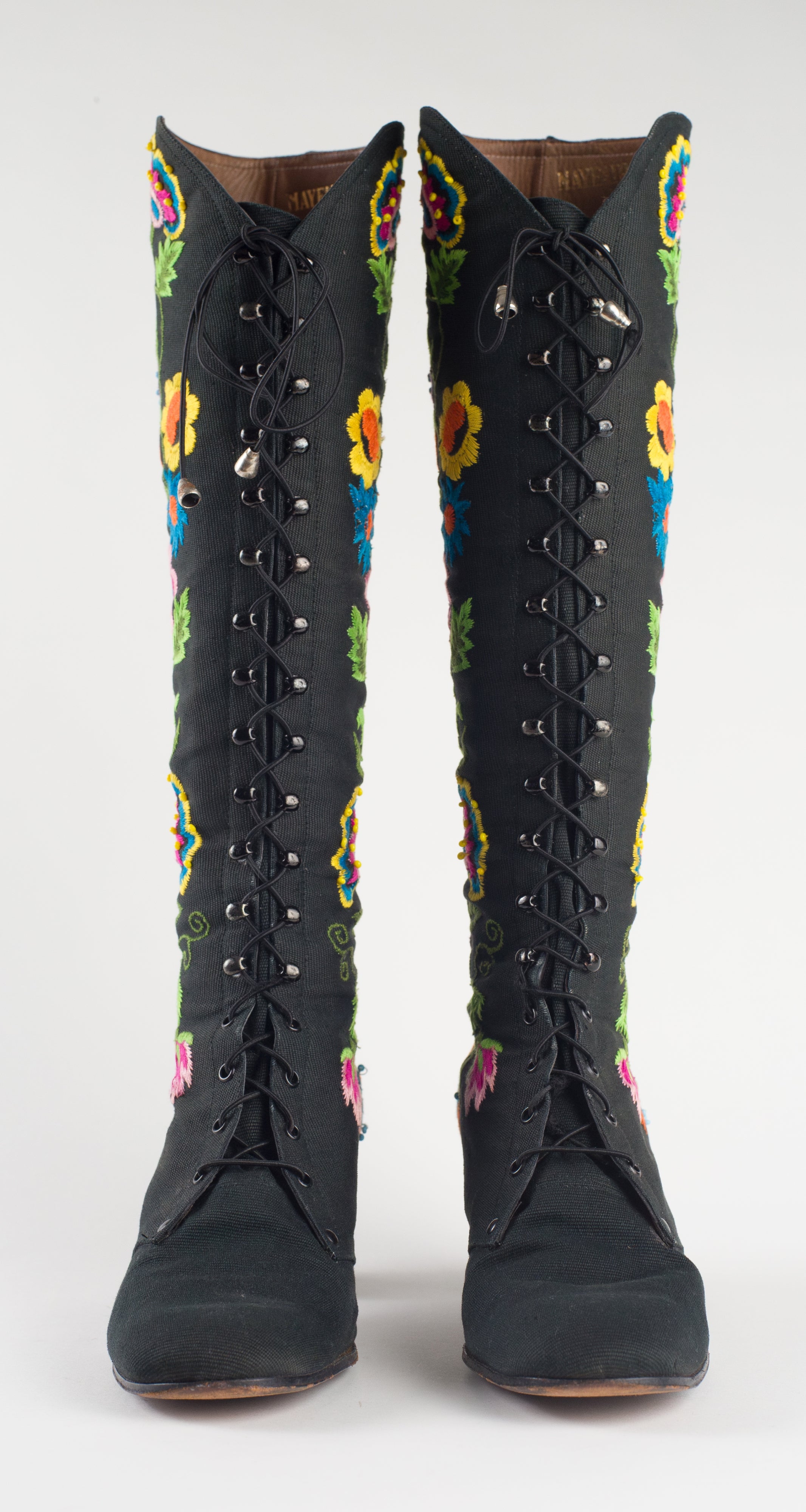 1970s Floral Embroidered Black Canvas Lace-Up Boots