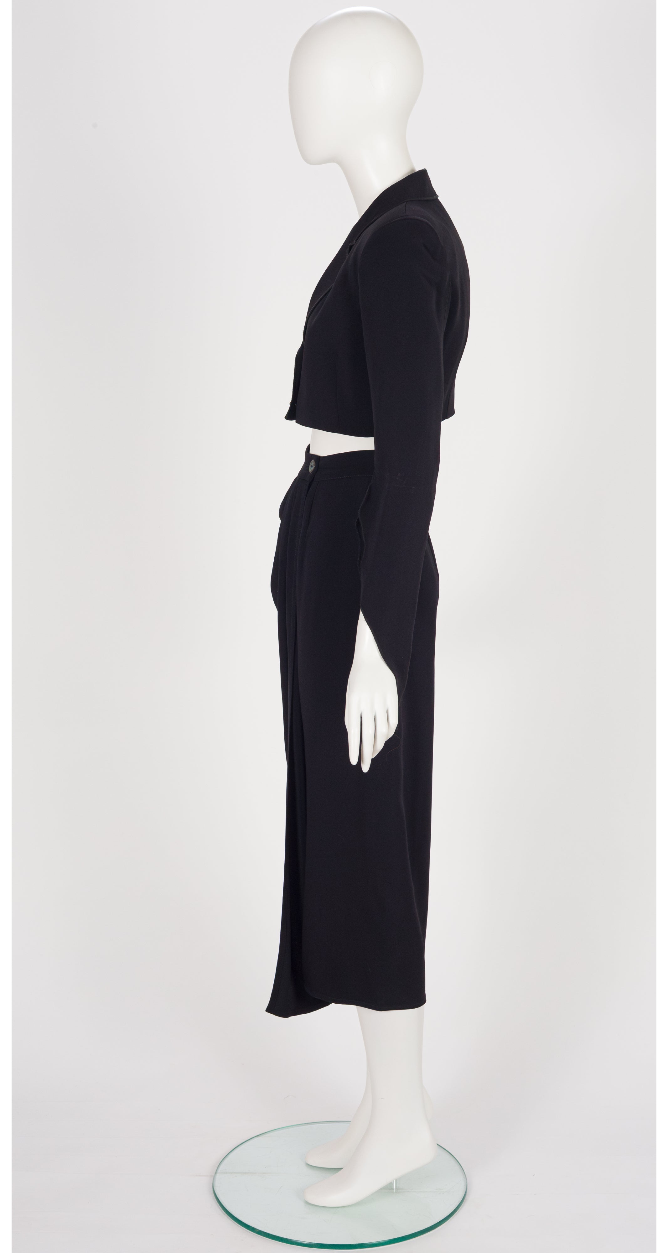 1990s Black Faille Cropped Jacket & Draped Skirt Set