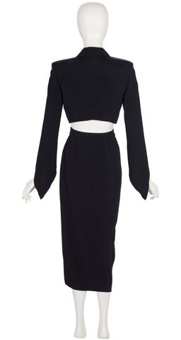 1990s Black Faille Cropped Jacket & Draped Skirt Set