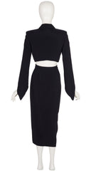 1990s Black Faille Cropped Jacket & Draped Skirt Set