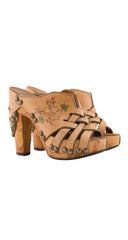 1970s Floral Studded Leather Wooden Platform Clogs