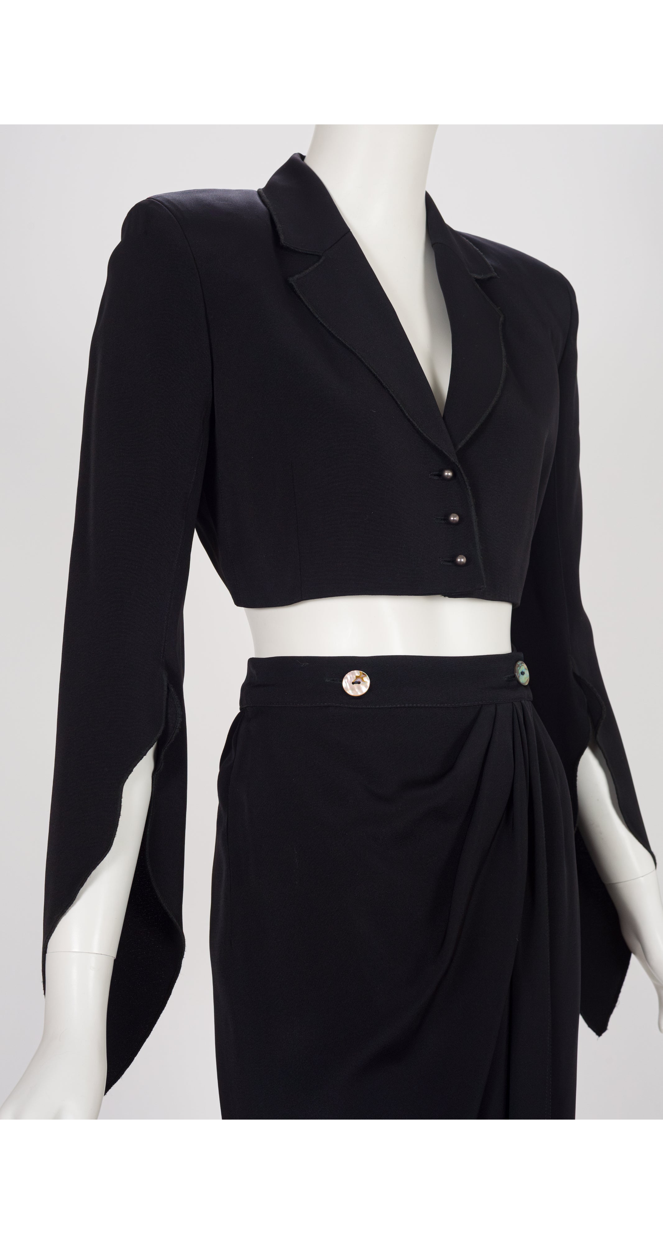 1990s Black Faille Cropped Jacket & Draped Skirt Set