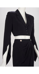 1990s Black Faille Cropped Jacket & Draped Skirt Set