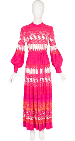 1970s Trompe-l'oeil Pink Jersey Bishop Sleeve Maxi Dress