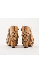 1970s Floral Studded Leather Wooden Platform Clogs