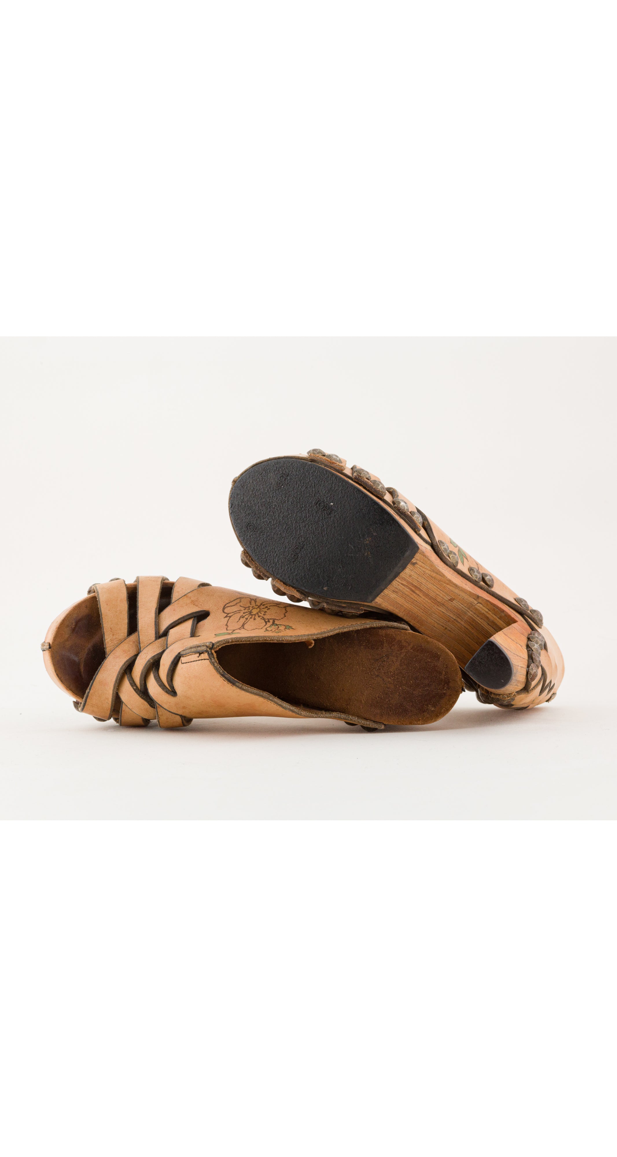 1970s Floral Studded Leather Wooden Platform Clogs
