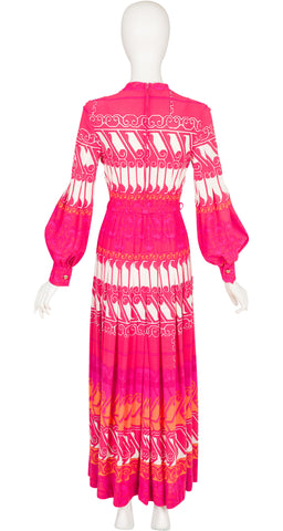 1970s Trompe-l'oeil Pink Jersey Bishop Sleeve Maxi Dress
