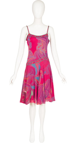 1980s Paisley Fuchsia Silk Jersey & Chiffon Dress