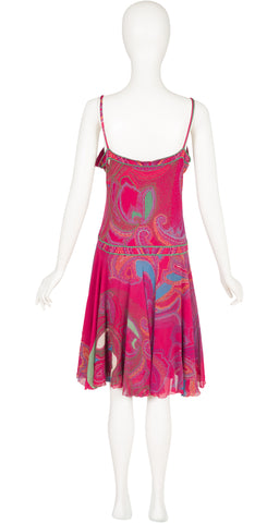 1980s Paisley Fuchsia Silk Jersey & Chiffon Dress