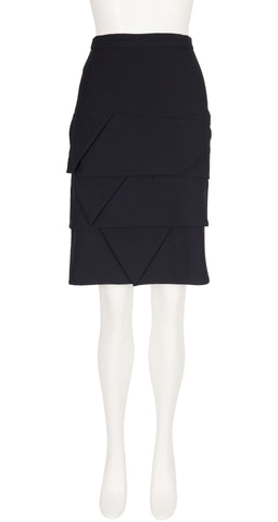 1990s Black Wool Crepe Tiered Origami Pencil Skirt