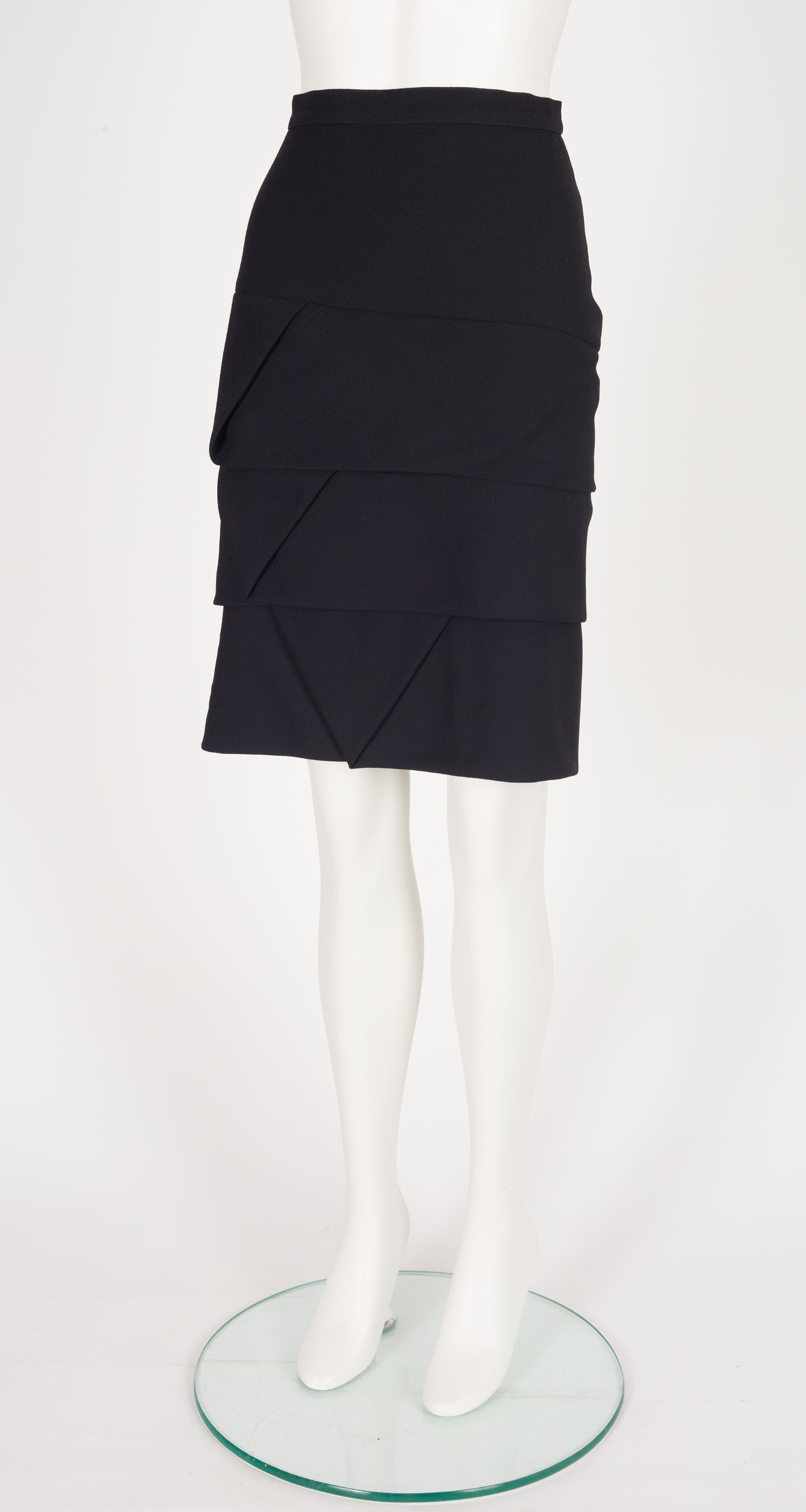 1990s Black Wool Crepe Tiered Origami Pencil Skirt