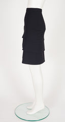 1990s Black Wool Crepe Tiered Origami Pencil Skirt
