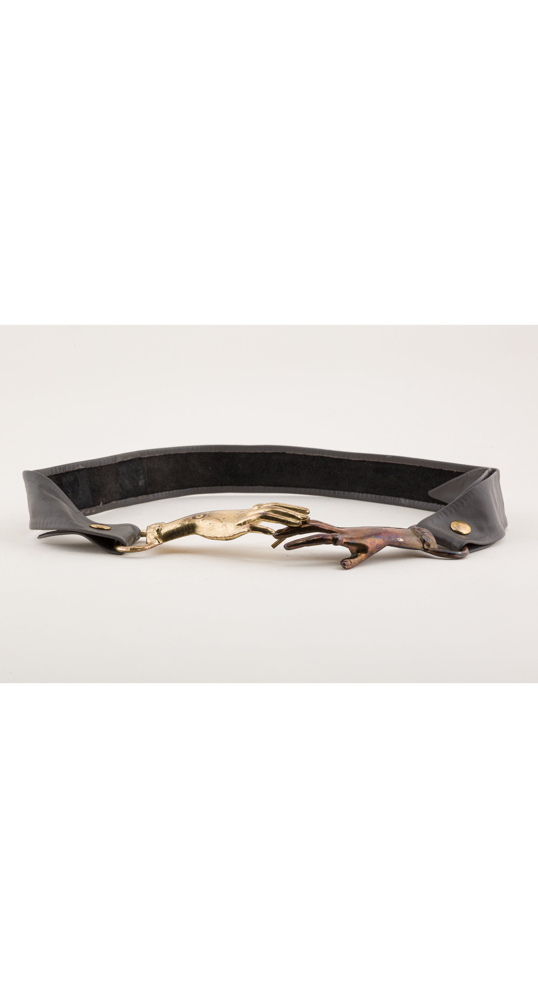 1970s Victorian Revival Clasping Hands Leather Belt