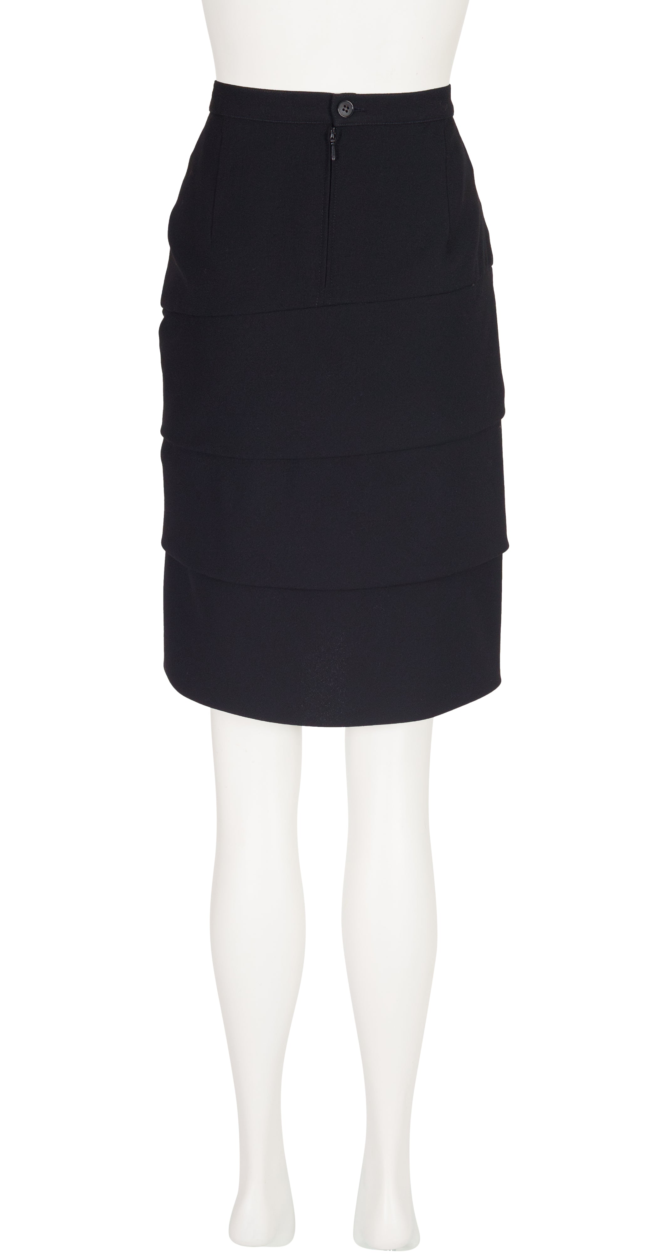 1990s Black Wool Crepe Tiered Origami Pencil Skirt