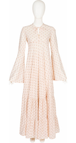 1970s Floral Cream Cotton Bell Sleeve Maxi Dress