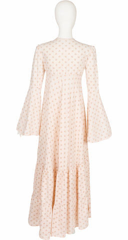 1970s Floral Cream Cotton Bell Sleeve Maxi Dress