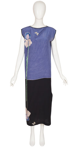 1980s Beaded Iris Periwinkle Silk Column Gown