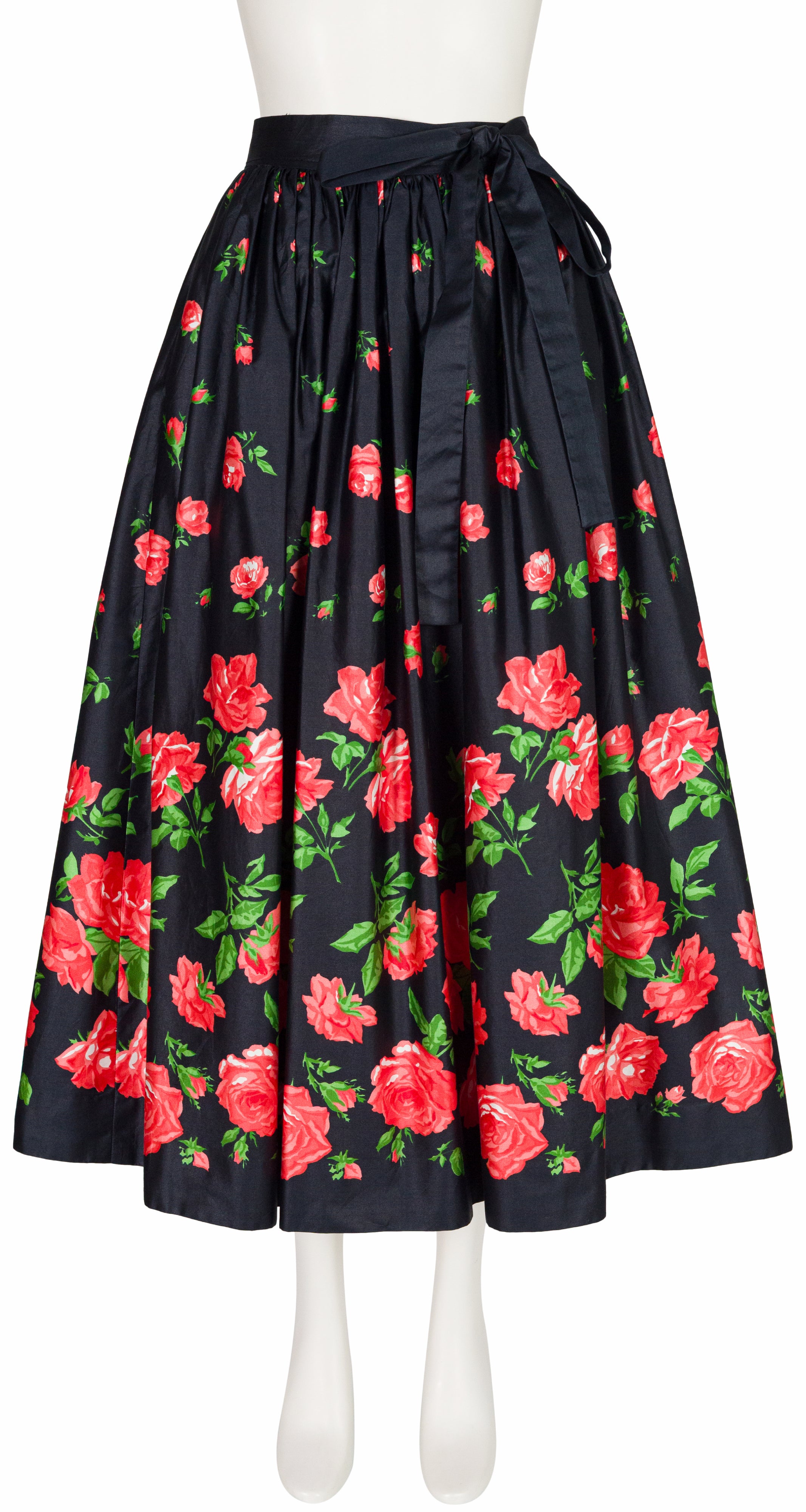 1977 S/S Rose Print Black Polished Cotton Full Skirt