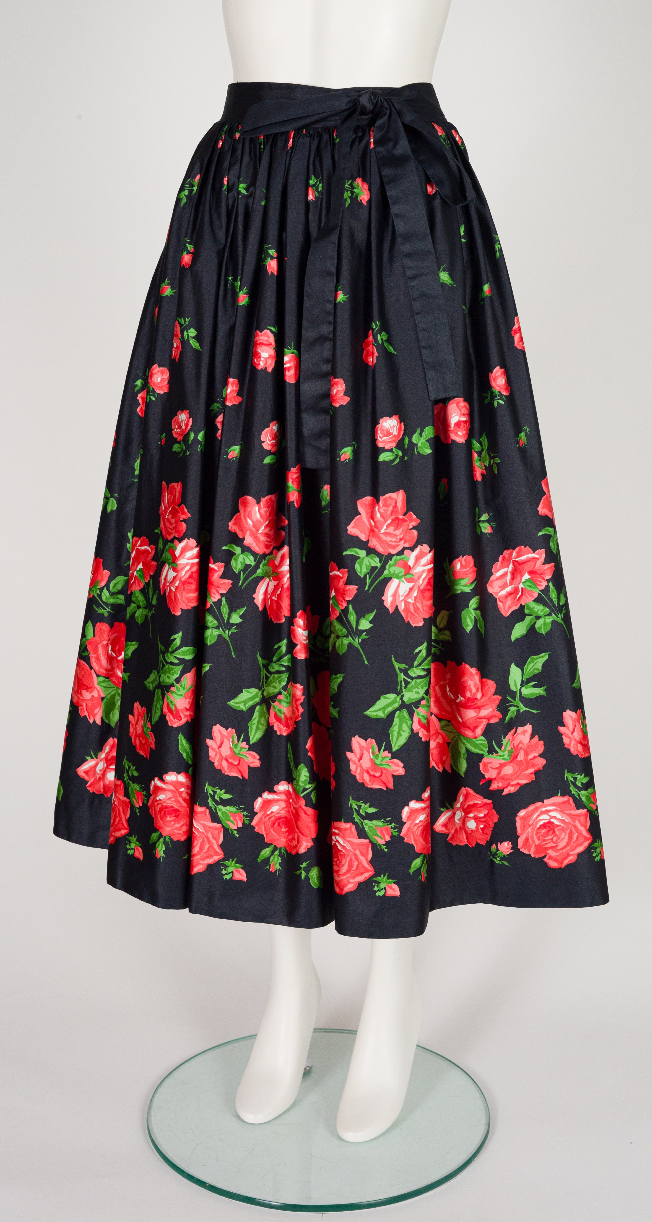1977 S/S Rose Print Black Polished Cotton Full Skirt