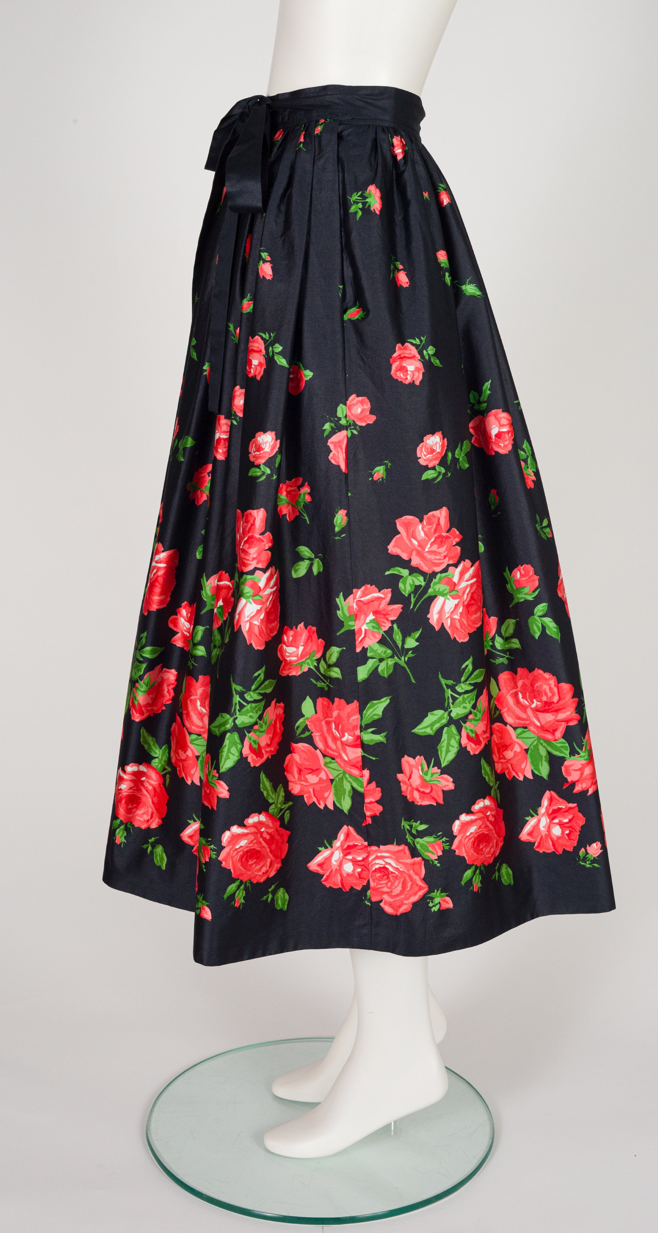 1977 S/S Rose Print Black Polished Cotton Full Skirt