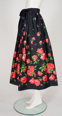 1977 S/S Rose Print Black Polished Cotton Full Skirt