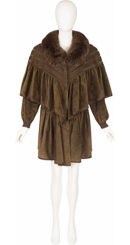 1980s Fox Fur Collar Suede Cape Coat