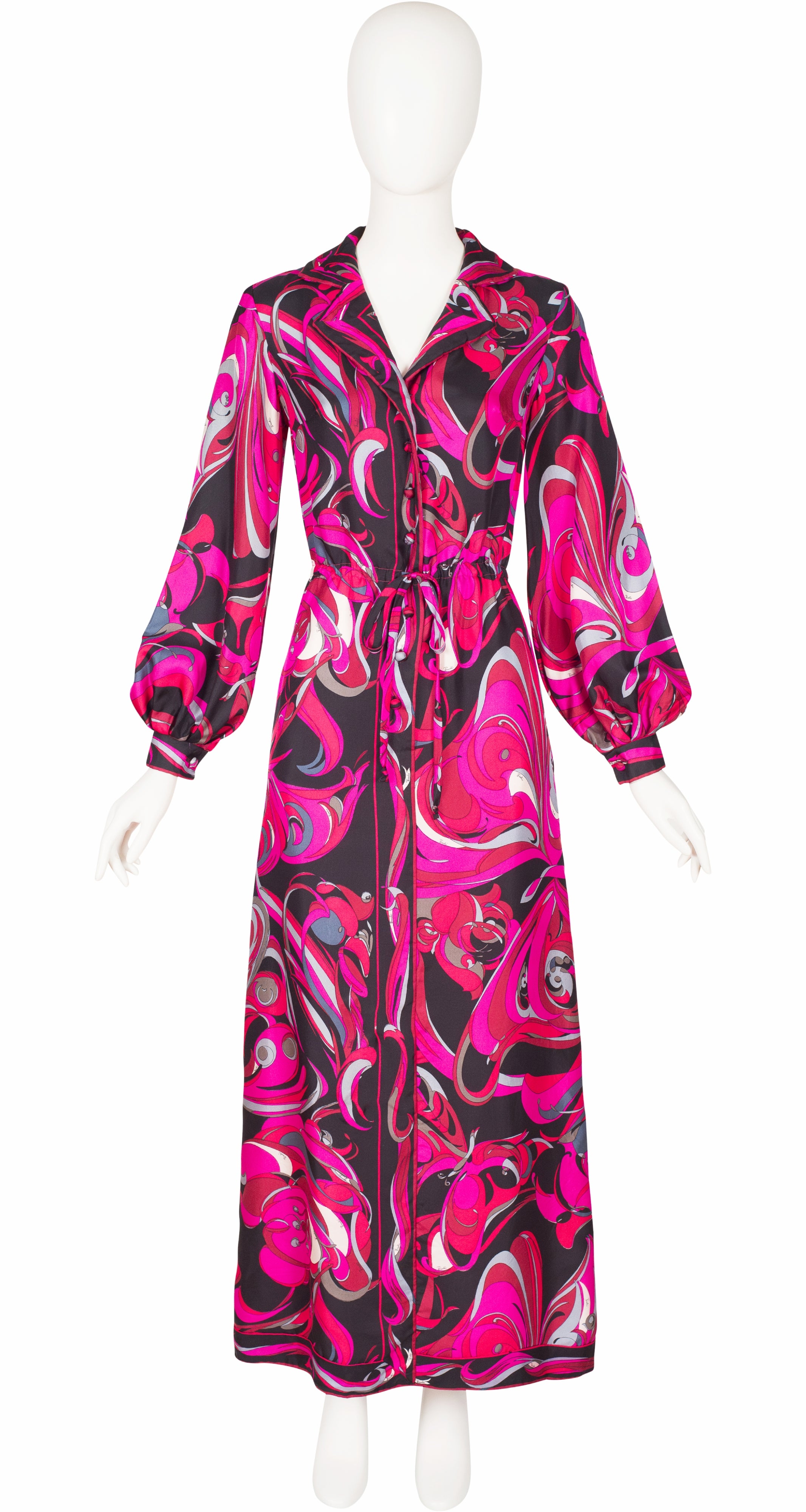 Emilio Pucci 1960s Border Print Silk Twill Balloon Sleeve Maxi Dress Featherstone Vintage Emilio Pucci 1960s Border Print Silk Twill Balloon Sleeve Maxi Dress Featherstone Vintage