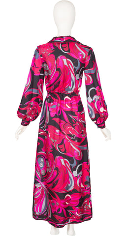 1960s Pink Border Print Silk Twill Balloon Sleeve Maxi Dress