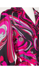 1960s Pink Border Print Silk Twill Balloon Sleeve Maxi Dress