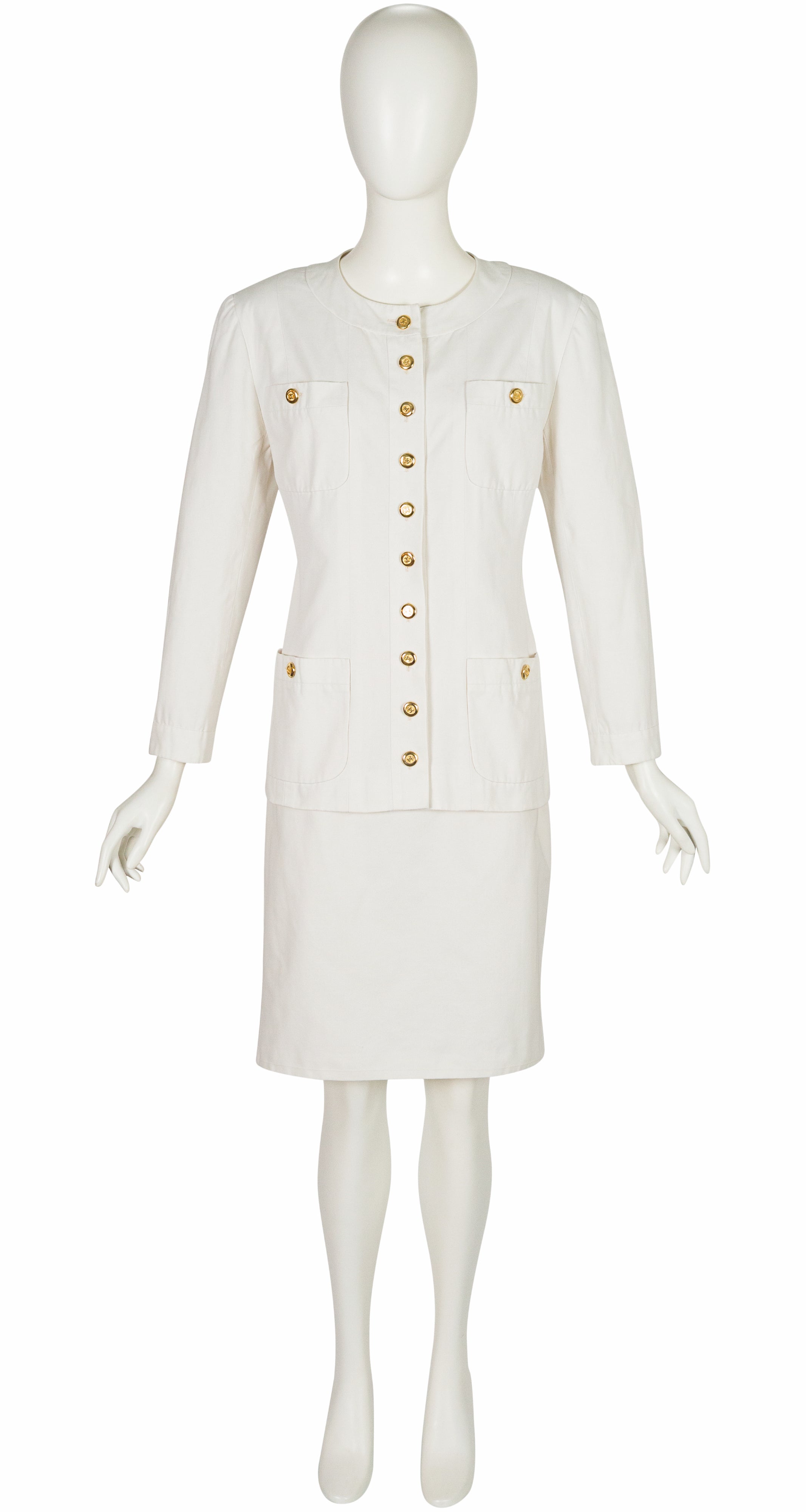 1989 S/S Logo Button White Cotton Pencil Skirt Suit