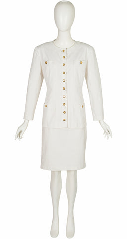 1989 S/S Logo Button White Cotton Pencil Skirt Suit