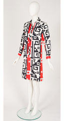 1970s Red & Black Geometric Print Shirt Dress