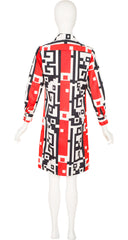 1970s Red & Black Geometric Print Shirt Dress