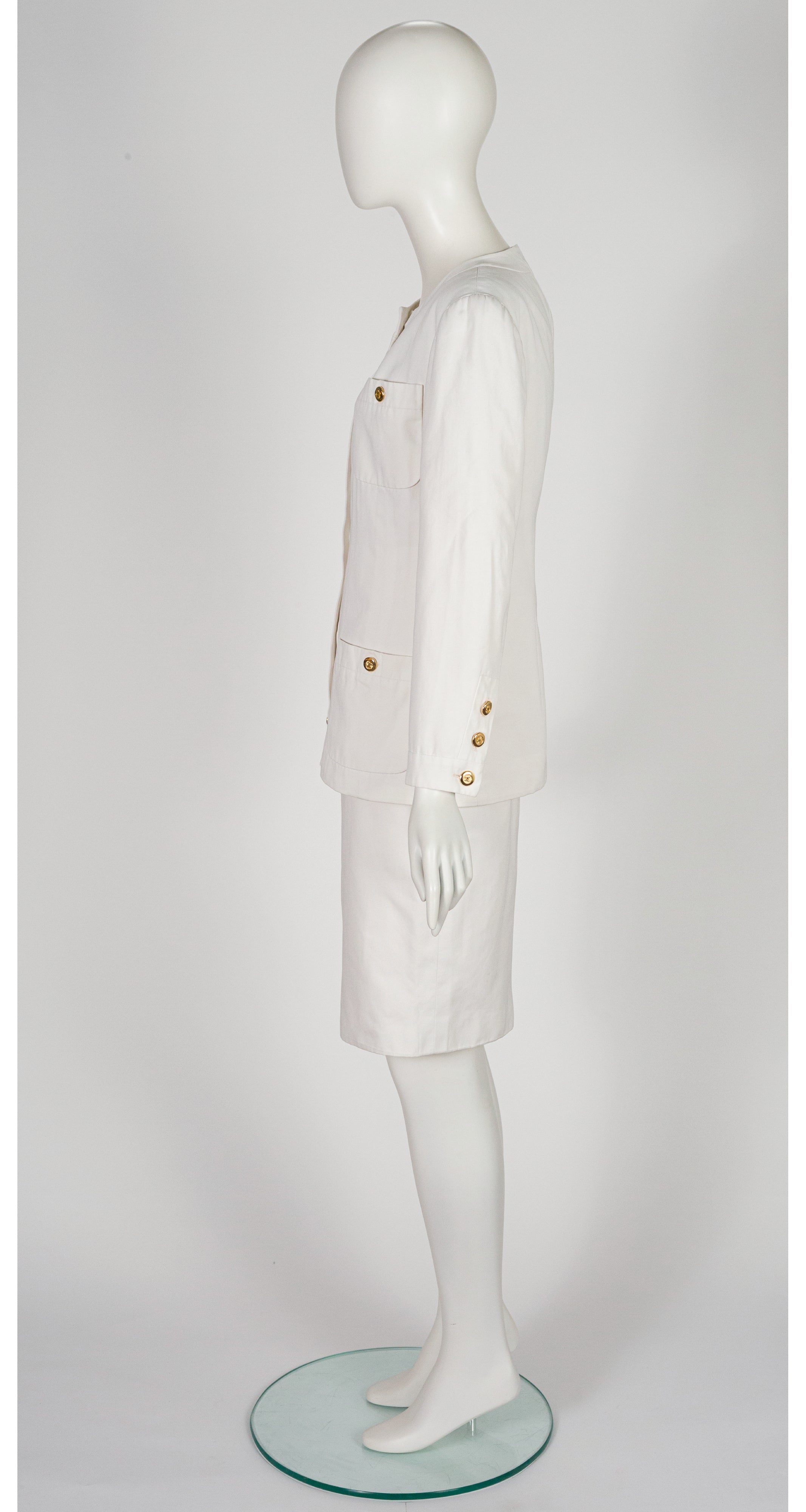 1989 S/S Logo Button White Cotton Pencil Skirt Suit