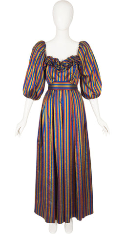 1980s Striped Raw Silk Puff Sleeve Gown