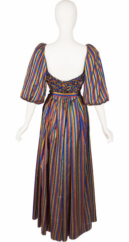 1980s Striped Raw Silk Puff Sleeve Gown