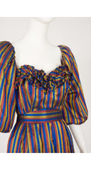 1980s Striped Raw Silk Puff Sleeve Gown
