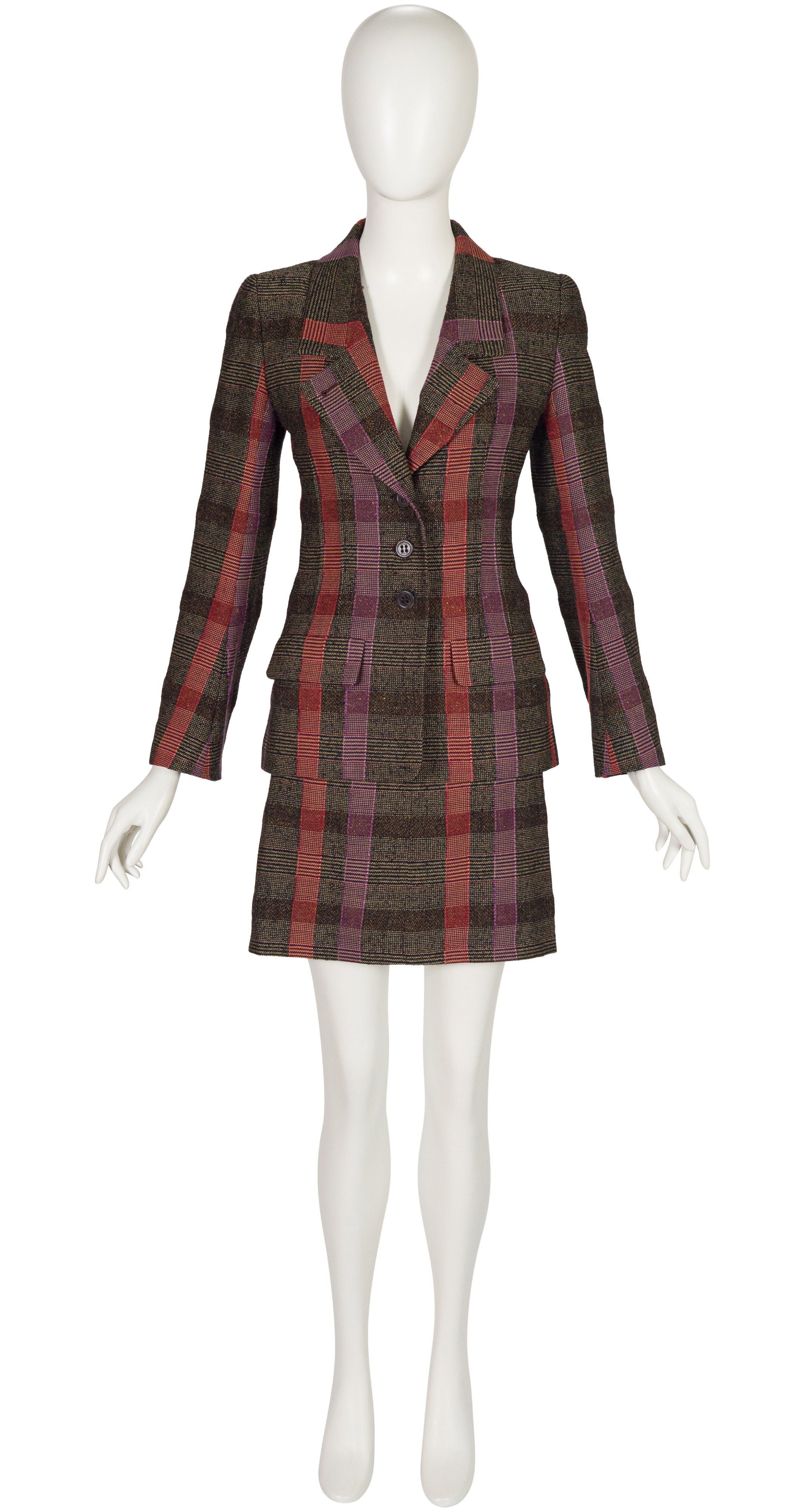 2000s Plaid Tweed Wool Tailored Skirt Suit