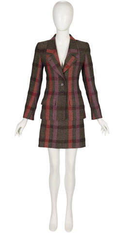 2000s Plaid Tweed Wool Tailored Skirt Suit