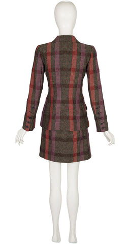 2000s Plaid Tweed Wool Tailored Skirt Suit
