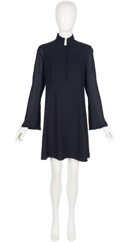 1990s Black Rayon Crepe Bell Sleeve Dress