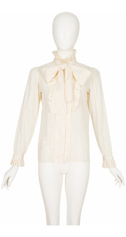 1970s Cream Cotton Ruffle Tie-Neck Blouse