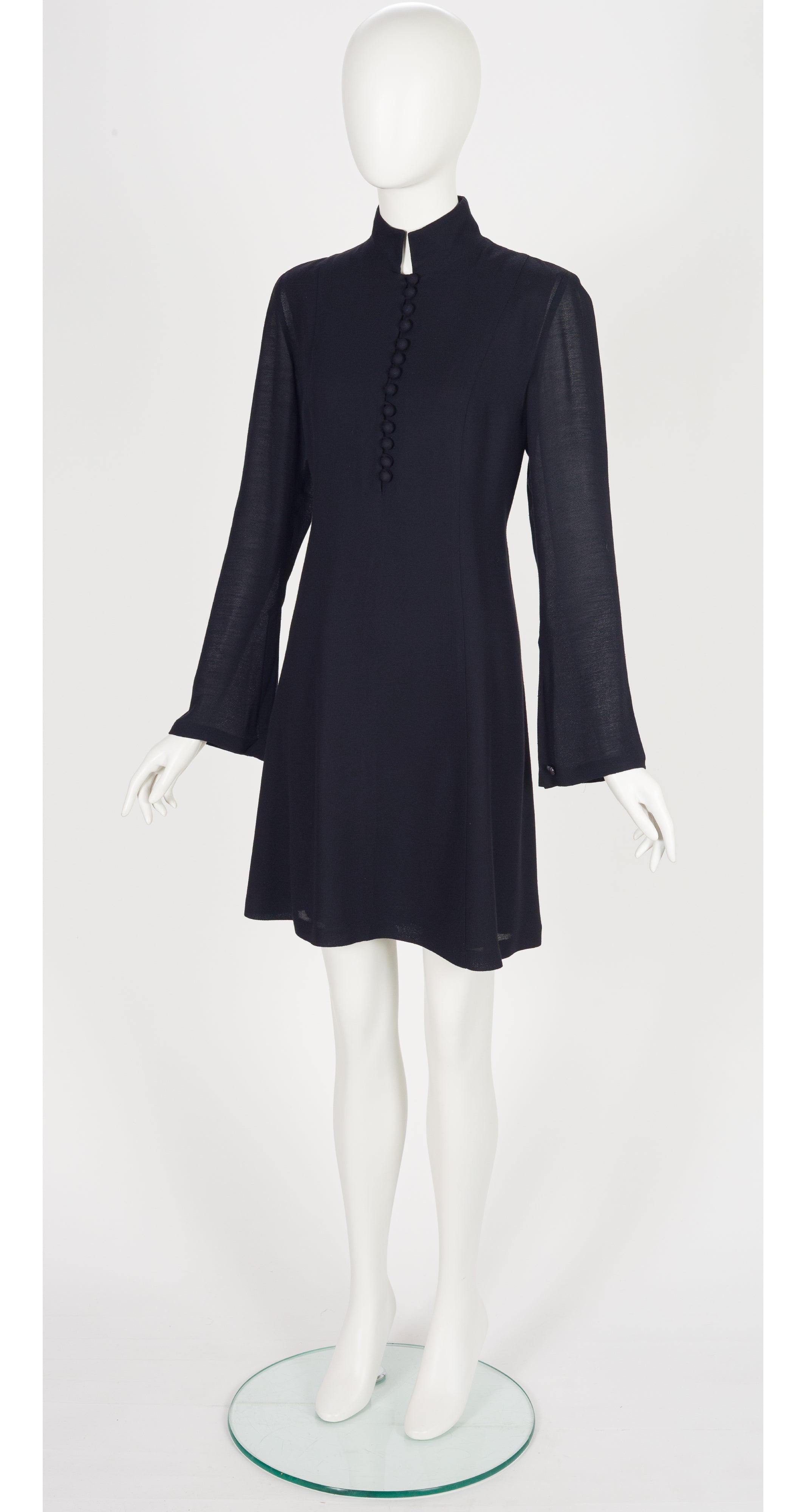 1990s Black Rayon Crepe Bell Sleeve Dress