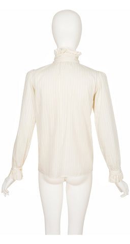 1970s Cream Cotton Ruffle Tie-Neck Blouse