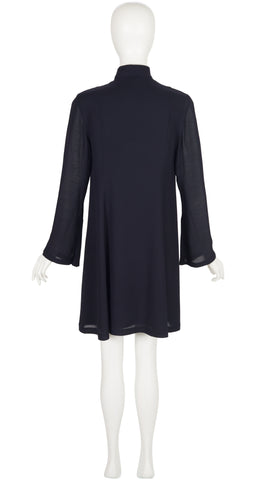 1990s Black Rayon Crepe Bell Sleeve Dress